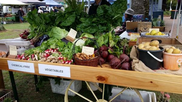 Fresh produce displayed at a coastal farmers' market